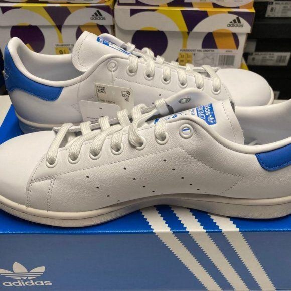 Adidas Stan Smith White / Royal Blue Tennis Shoes - Picture 4 of 5